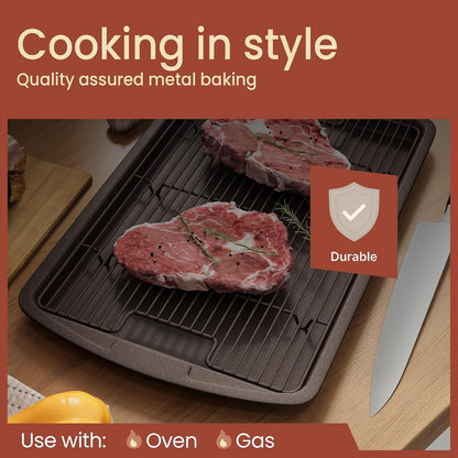 Regine Switzerland Nonstick Cookie Sheet Set - 2-Piece Brown Marble Carbon Steel Pan & Cooling Rack, Oven Safe Up to 450°F, Space-Saving Design