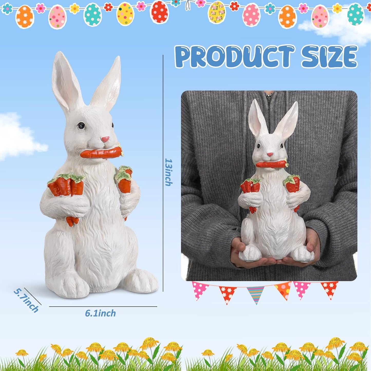 Yookeer 13-Inch Large Bunny Sculpture - Spring Resin Rabbit Figurine with Carrot for Easter Decor