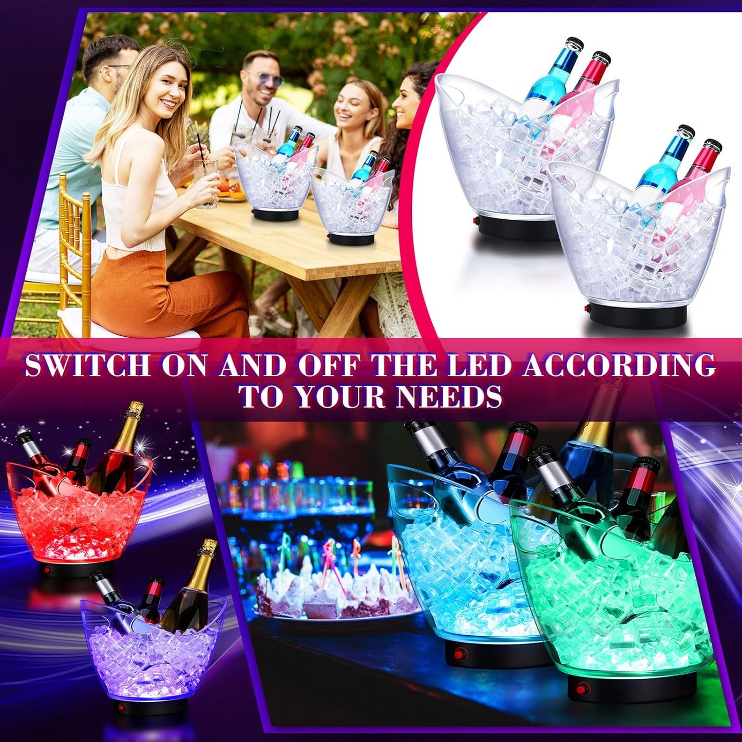 Umigy 6 Pcs 5L LED Ice Buckets Clear Plastic Ice Bucket Large Capacity Light RGB Colorful LED Cooler with Lights for Champagne Wine Beer Party Bar Club