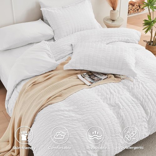 HYMOKEGE White Queen Comforter Set - 7-Piece All-Season Luxury Bedding Set with Sheets & Pillowcases
