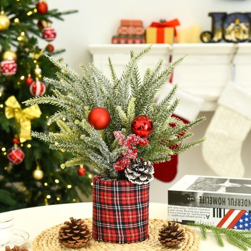 Buffalo Check Plaid Christmas Tree | 2 Pack Small Centerpiece Decor with Pine Cones & Berries