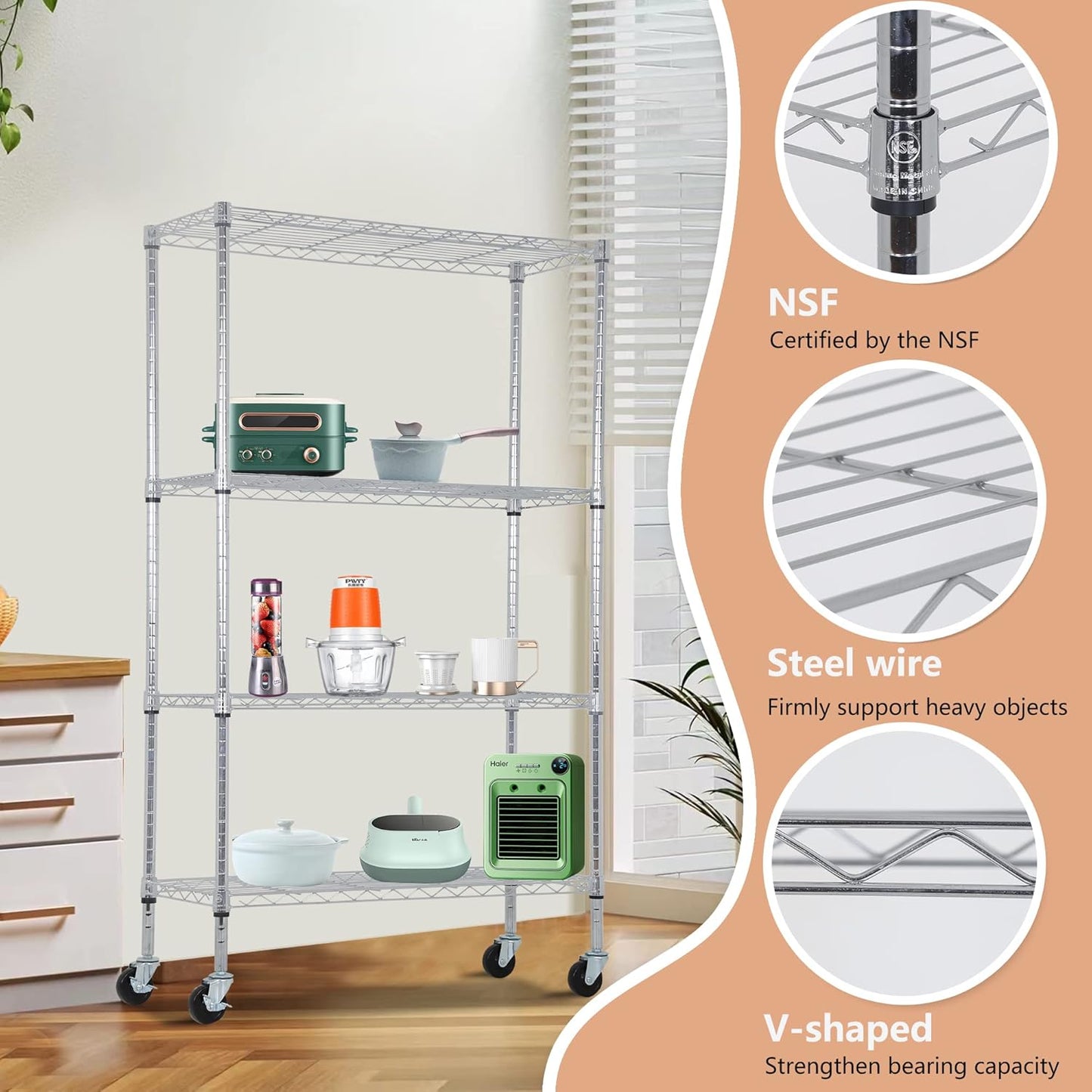 BestOffice 4-Tier Wire Storage Shelves with Wheels - Heavy-Duty Metal, Adjustable Racks | 36x14x62 | Chrome Finish, Holds Up to 500 lbs | Easy No-Tool Assembly for Home & Garage