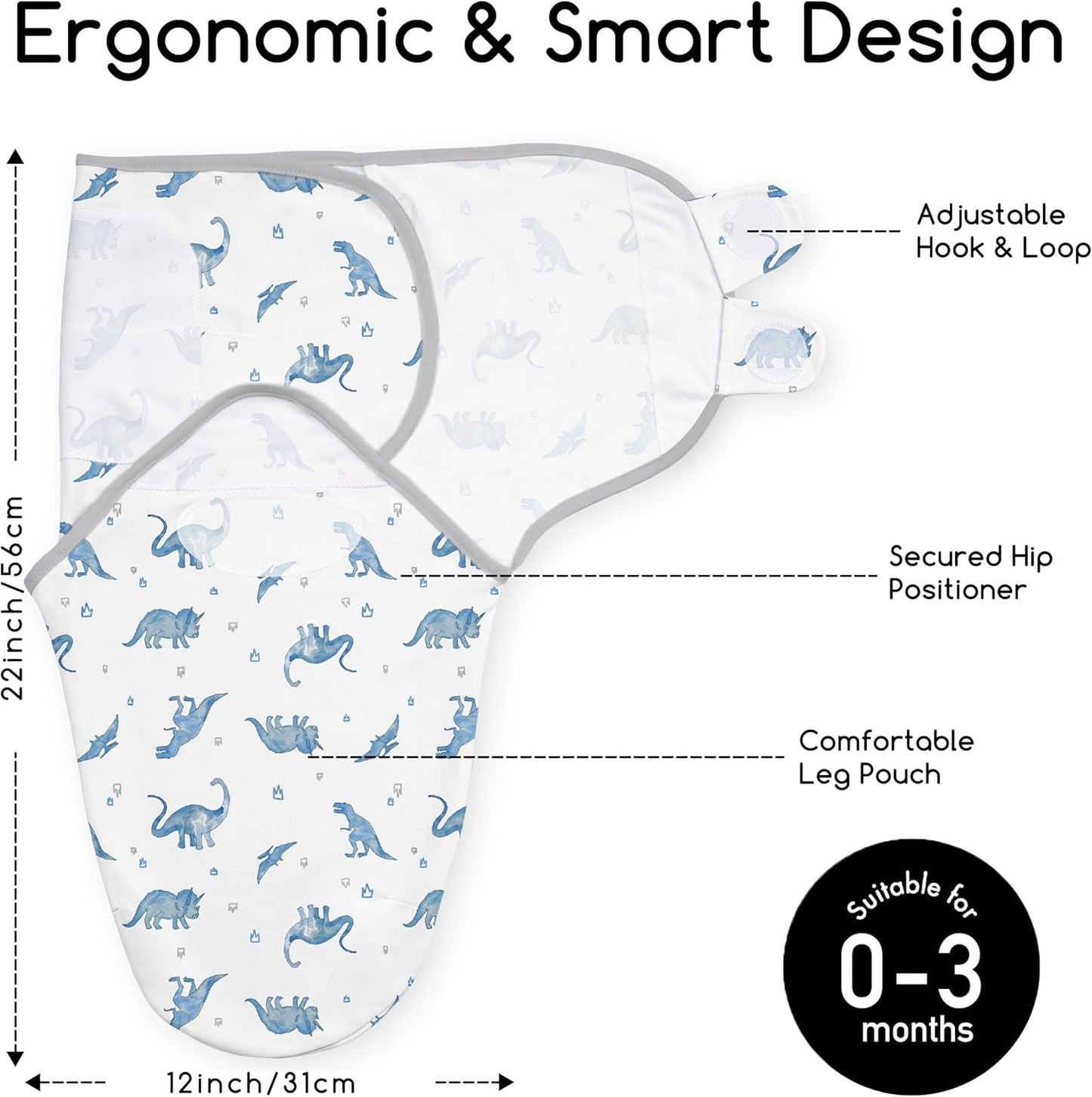 Skiennix Baby Swaddles - Organic Cotton Soft & Snug Velcro Sleep Sack for Newborns | 0-3 Months, 2-Pack Blue Dinosaur