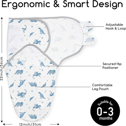 Skiennix Baby Swaddles - Organic Cotton Soft & Snug Velcro Sleep Sack for Newborns | 0-3 Months, 2-Pack Blue Dinosaur