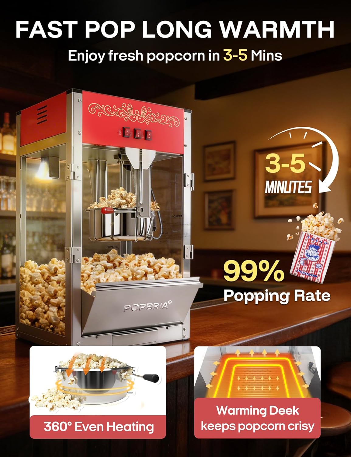 Skiennix Commercial Popcorn Machine - Authentic 16oz Kettle Maker with Warming Deck | 1600W Red