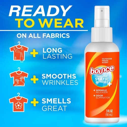 Bounce Anti Static Spray, 3 in 1 Anti Static & Instant Wrinkle Release, Odor Eliminator & Fabric Refresher, Rapid Touch Travel Spray (3 Oz, Pack of 1)