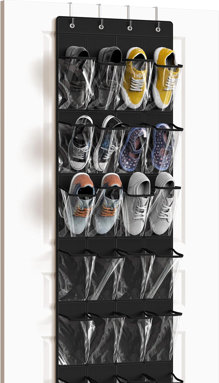 Simple Houseware 24-Pocket Over The Door Hanging Shoe Organizer - Crystal Clear, Black (64" x 19")