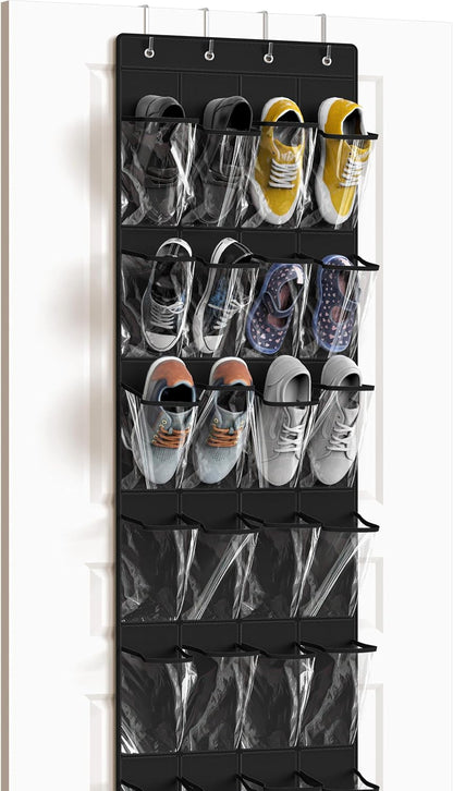 Simple Houseware 24-Pocket Over The Door Hanging Shoe Organizer - Crystal Clear, Black (64" x 19")