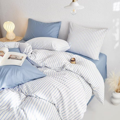 Wake In Cloud - Striped Cotton Duvet Cover Set, Ticking Stripe Vertical Pinstripe Farmhouse, 100% Washed Cotton Textured Bedding Set, 3 Pieces, Blue White, Queen Size