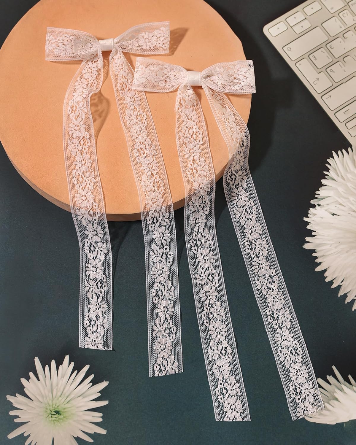 Skiennix White Lace Tulle Hair Bows - Elegant Long Tail Ribbons & Tassel Barrettes for Women