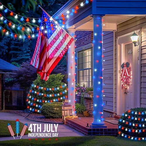 JMEXSUSS 100 LED Connectable Red, White, and Blue Globe String Lights - 33ft Indoor/Outdoor with Remote & 8 Modes for 4th of July Decor