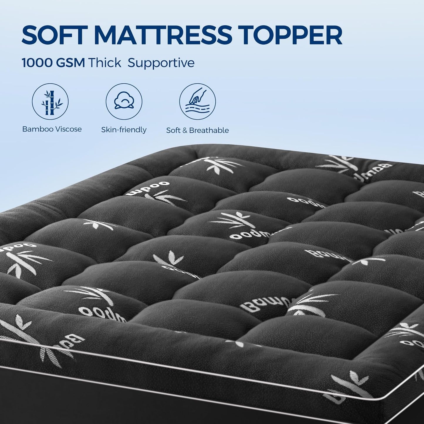 Skiennix Cooling Mattress Topper - Extra Thick Bamboo Viscose Pad | Queen Size, Dark Gray, 1000 GSM Fill