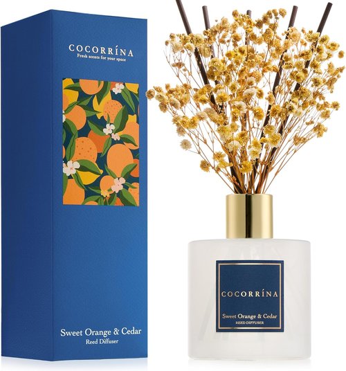 COCORRÍNA Reed Diffuser - Sweet Orange & Cedar Aroma | 6.7 Fl. Oz Set with Sticks & Baby's Breath Decor