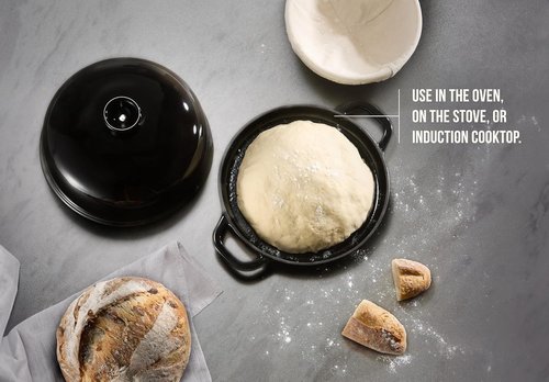 Kook Enameled Cast Iron Bread Oven - Versatile Baking Pan with Ceramic Lid & Handles | Black