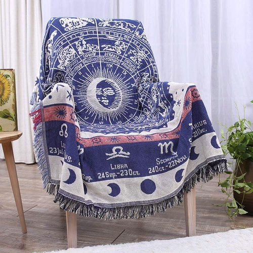 Edcooy Astrology Throw Blanket，Bohemian Hippie Woven Witchy Zodiac Celestial Constellation Balnket for Home Decor, Double Side CoverChair Sofa Couch(Blue, 50" x 70") (71''x91'')