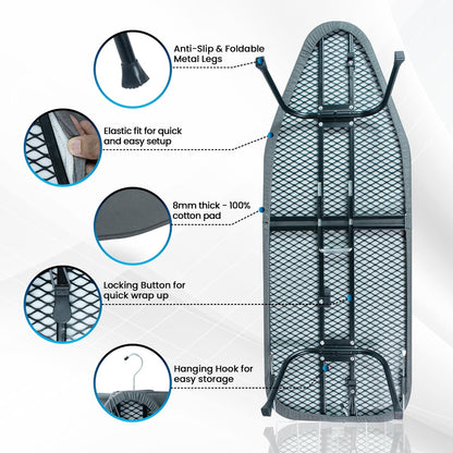 Regine Switzerland Metal Mesh Panel Ironing Board - Foldable Heavy-Duty Design with Heat-Resistant Cover & 100% Cotton Pad (Grey)