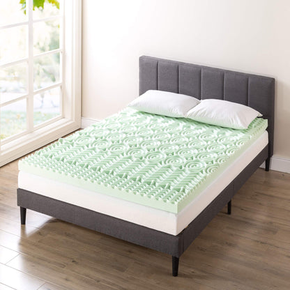 Mellow 4 Inch 5-Zone Memory Foam Mattress Topper, Calming Green Tea Infusion, Short Queen