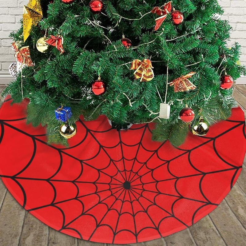 Red Black Spider Web 36" Christmas Tree Skirt - Xmas Holiday Decor (Variation: Red Black Spider Web+36")