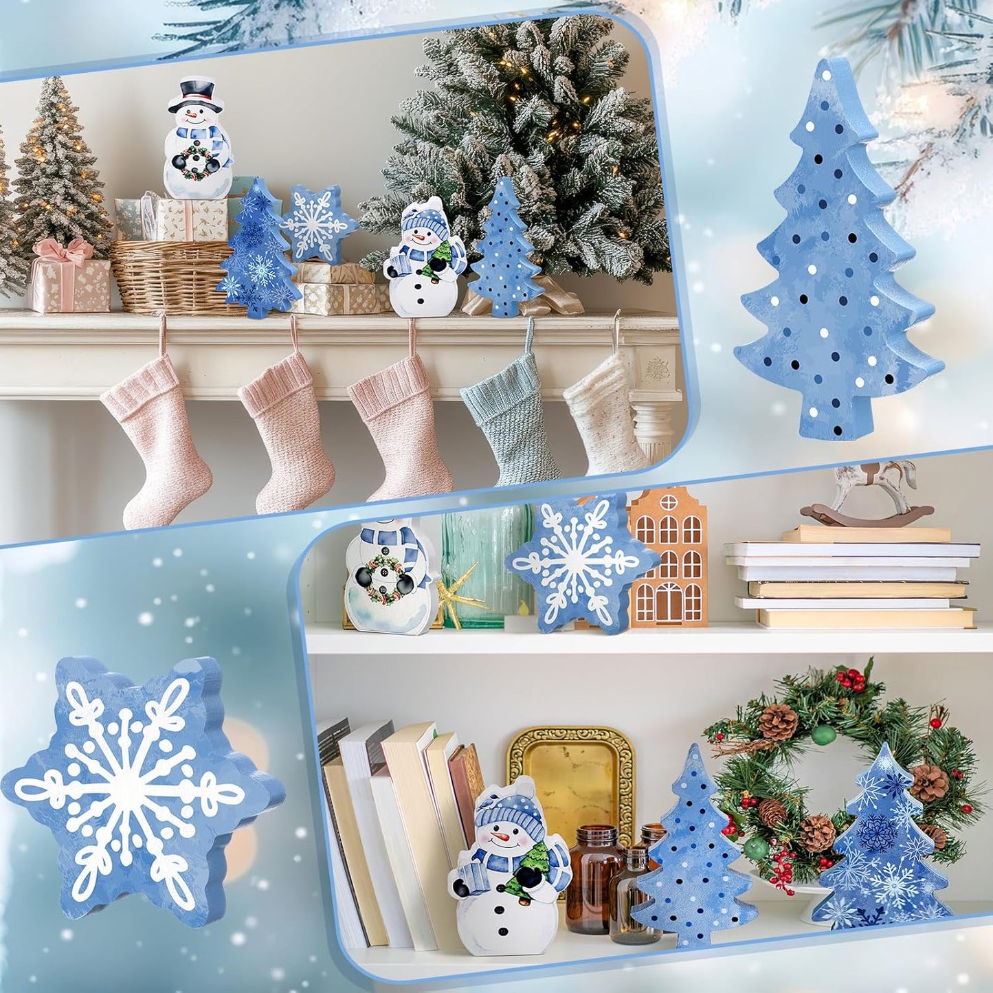 Threehoney Blue Winter Snowman Decor - 5 Pcs Cute Snowflake Table Centerpieces for Home & Office
