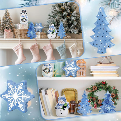 Threehoney Blue Winter Snowman Decor - 5 Pcs Cute Snowflake Table Centerpieces for Home & Office