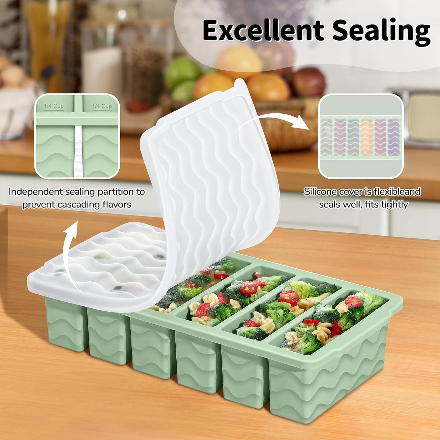Skiennix Silicone Freezer Trays - 2-Pack with Lid for Meal Prep | 2 Large 2-Cup & 6 Small 1/2-Cup Molds