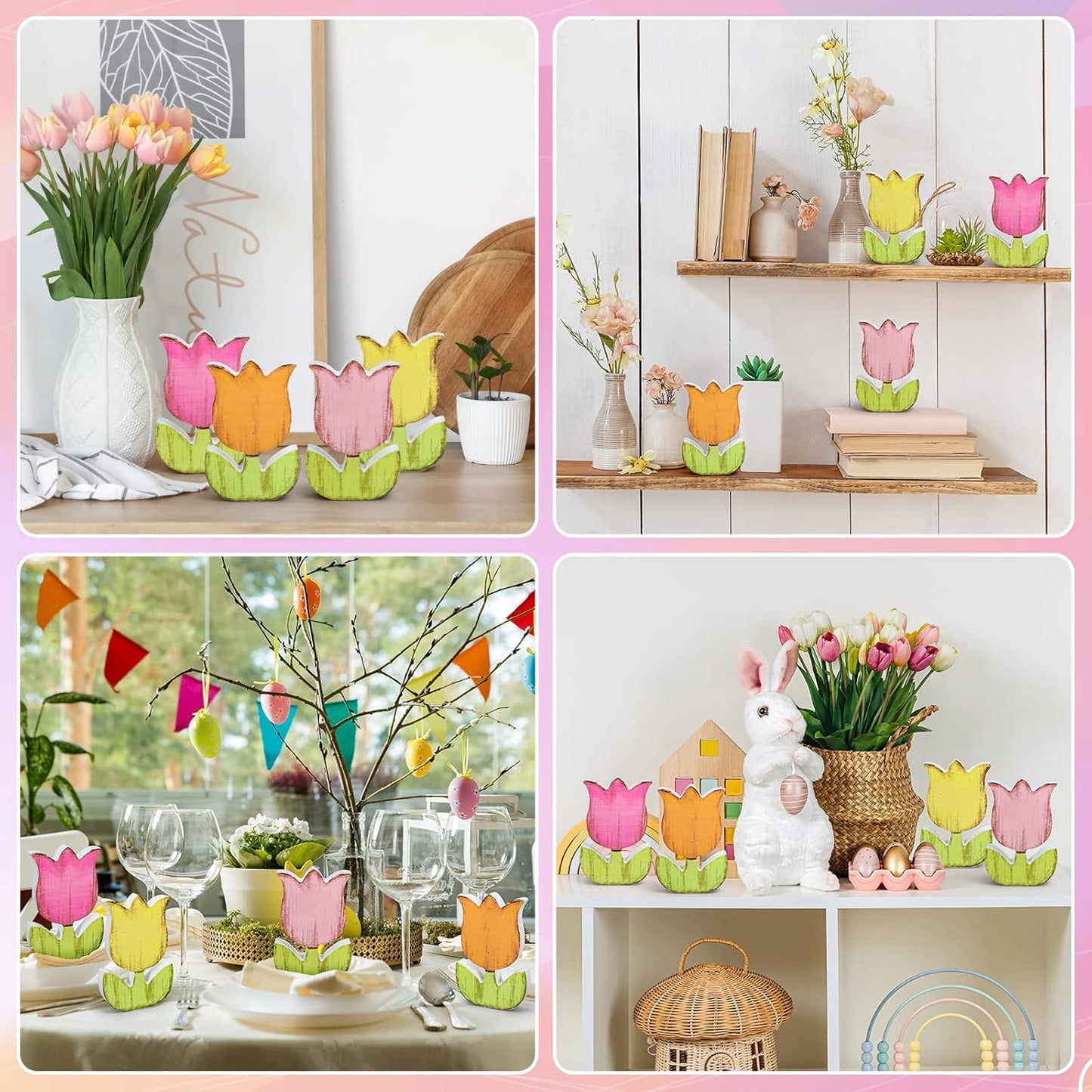 Whaline Spring Tulips Wood Signs - Rustic Floral Table Decor for Farmhouse Centerpieces | 4-Piece Set