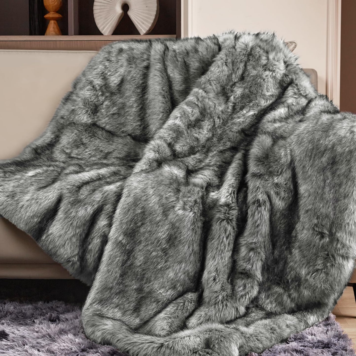 Touchat Luxury 1000GSM Faux Fur Throw Blanket, Super Heavy Thick Warm Cozy Blankets for Couch Bed Sofa, Plush Fuzzy Elegant Soft Reversible Mink Blanket for Living Room Bedroom, 50''x60'',White&Grey