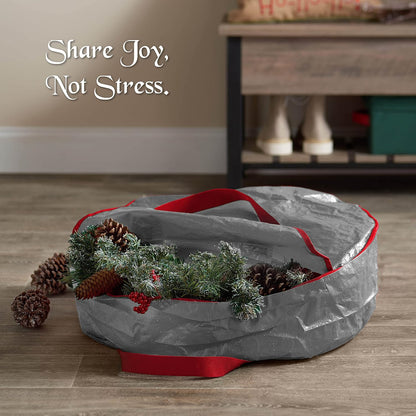 ZOBER Wreath Storage Container - 30 Inch Dual Zippered Bag for Artificial Wreaths - Durable Gray Design
