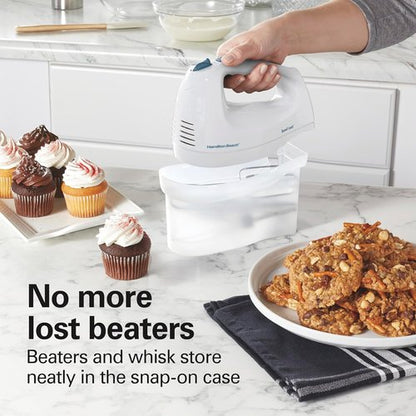 Hamilton Beach 6-Speed Electric Hand Mixer - Whisk & Beaters with Snap-On Storage Case, 250 Watts, White