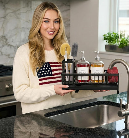 Premium Extra Large Kitchen Sink Organizer Caddy | Stainless Steel Sponge Holder & Soap Dispenser Tray (Black)