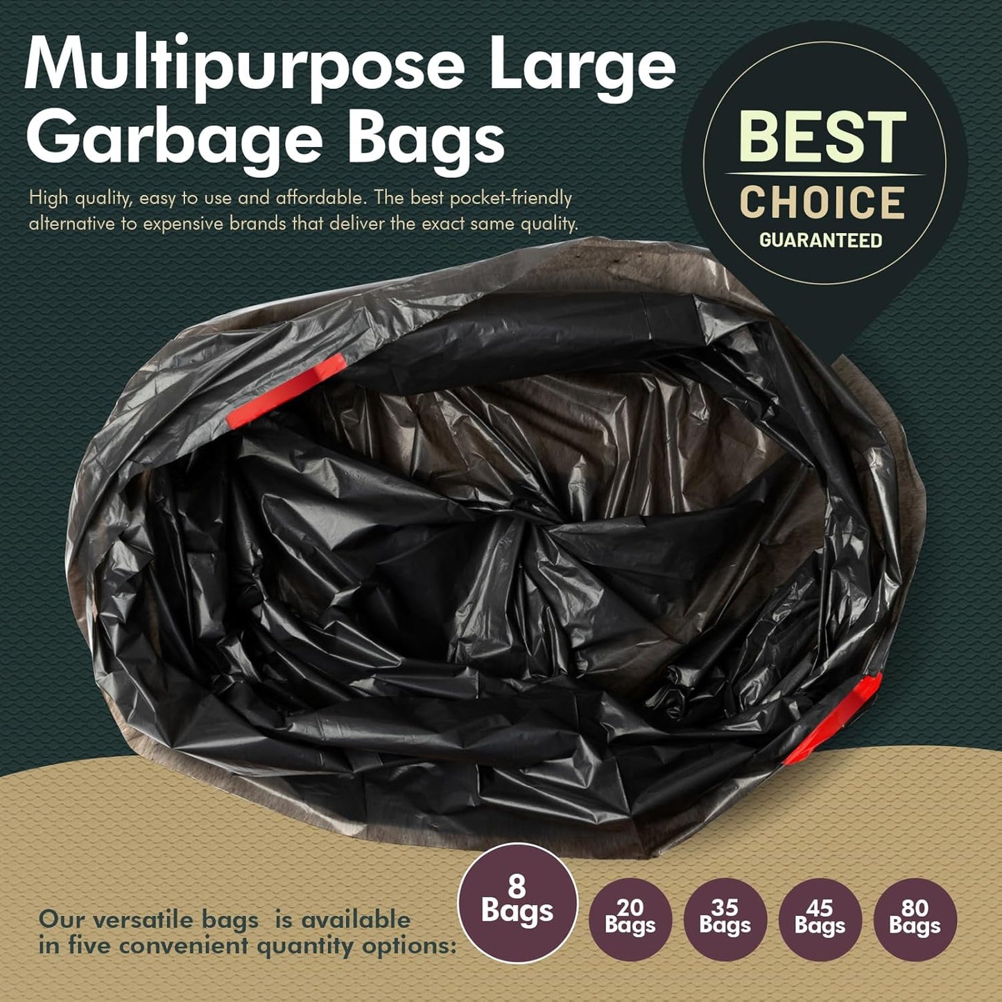 PAMI 30-Gallon Drawstring Trash Bags - Extra-Strong, Thick, Unscented Garbage Liners | 8-Pack, Black