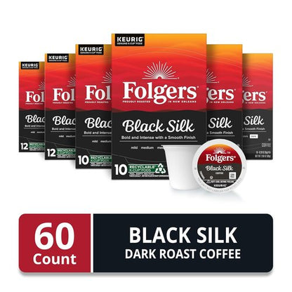 Folgers Black Silk Coffee - Dark Roast Keurig K-Cup Pods | 10 Count Box (Pack of 6)
