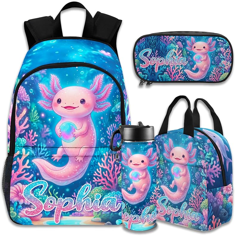 Personalized Axolotl Kids Backpack - Custom Name School Bag for Girls & Boys (Axolotl-04)
