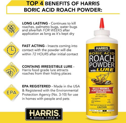 HARRIS Boric Acid Roach & Silverfish Killer Powder - Effective Insect Lure | 16oz