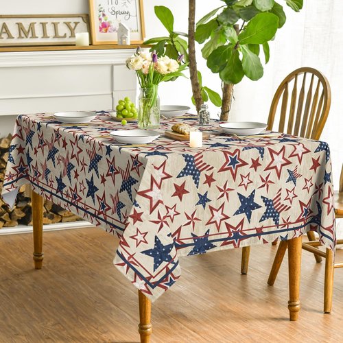 Horaldaily Rectangular Tablecloth - 60x84 Inch Patriotic Blue & Red Star Design for 4th of July Celebrations
