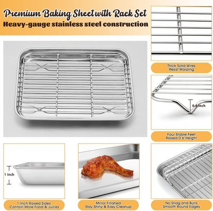 E-far Stainless Steel Baking Pan Set - 10.5”x8.3” Toaster Oven Tray with Wire Rack for Broiling & Roasting