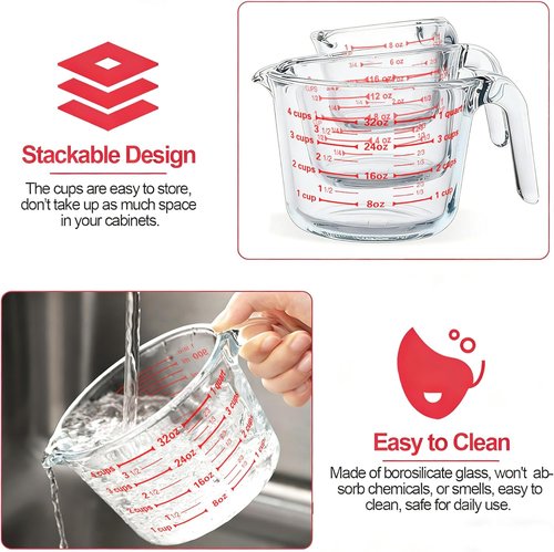 M MCIRCO Glass Measuring Cups Set - 6 Pcs with Lids | 1-Cup, 2-Cup, 4-Cup Nesting Jugs for Kitchen
