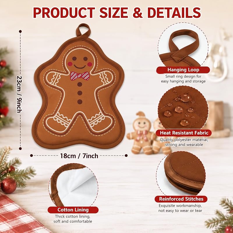 Willbond 12 Pcs Gingerbread Man Christmas Pot Holders, Red & Brown