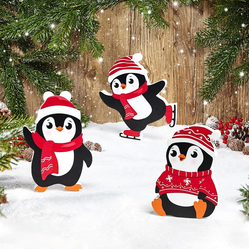 Red Penguin Christmas Decorations Set of 3 — Wooden Tiered Tray Blocks for Desk, Shelf, Home or Office