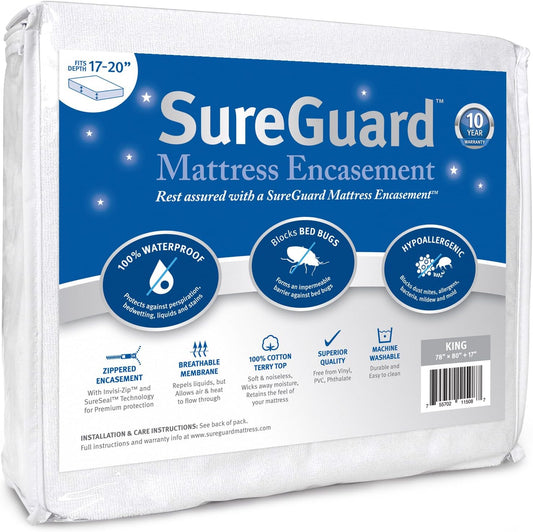 SureGuard King Mattress Encasement - 100% Waterproof, Bed Bug Proof & Hypoallergenic | Deep 17-20 in. Cover