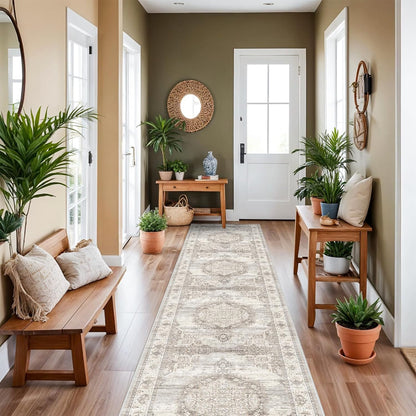 Skiennix Washable Extra Long Hallway Runner Rug - Non-Slip, Stain Resistant, Soft Carpet | Beige, 3x20 ft