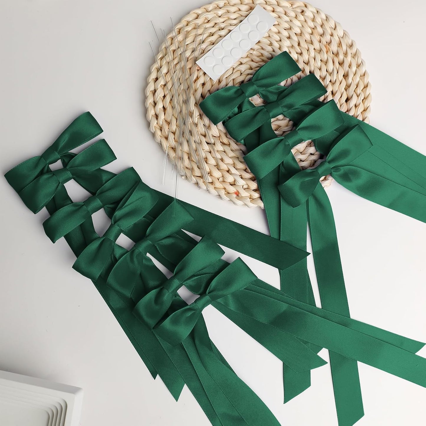 Skiennix 12 Pcs Hunter Green Satin Ribbon Bows - 10 Inch Decorative Gift Wrap & Candle Holder Accents