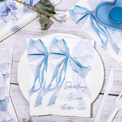 JarThenaAMCS Disposable Blue Bow Napkins - 50 Pcs Elegant Bowknot Design for Bridal Showers & Parties