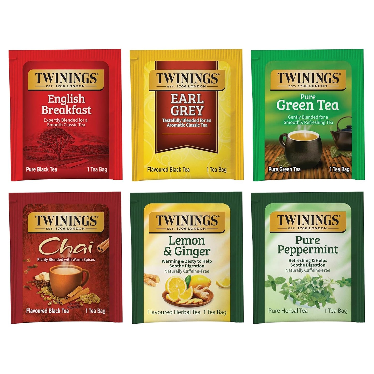 Twinings Variety Pack Tea Bags - 25 Count (Pack of 6) | Includes English Breakfast, Earl Grey, Lemon Ginger, Peppermint, Green & Chai