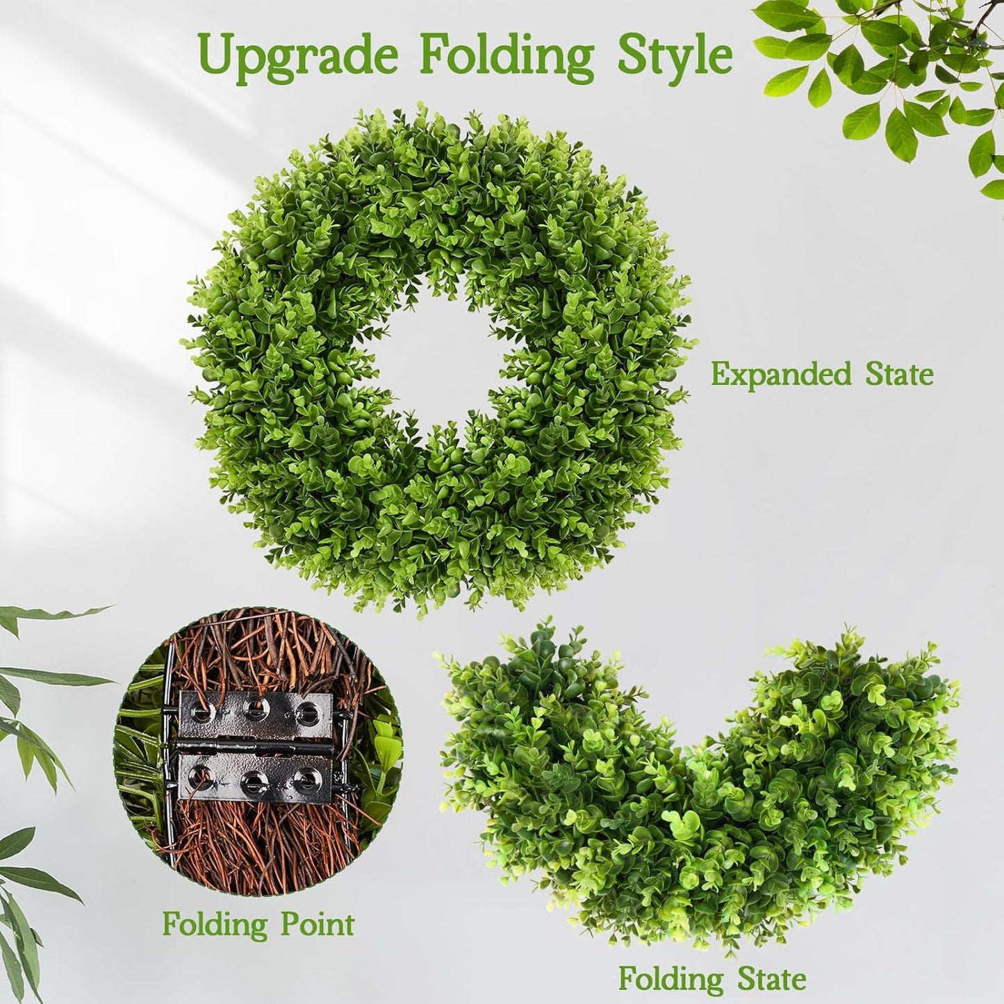 Vlorart 20" Faux Boxwood Wreath - Large Artificial Greenery with Plaid Bow for Door & Wedding Decor