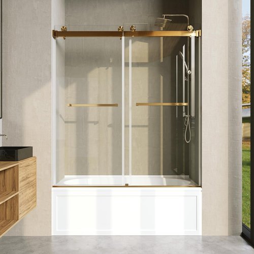 Frameless Bathtub Shower Door - 3/8" Clear Tempered Glass, Double Sliding, Brushed Gold Finish | 56"-60" Wide, 66" High