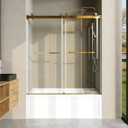 Frameless Bathtub Shower Door - 3/8" Clear Tempered Glass, Double Sliding, Brushed Gold Finish | 56"-60" Wide, 66" High
