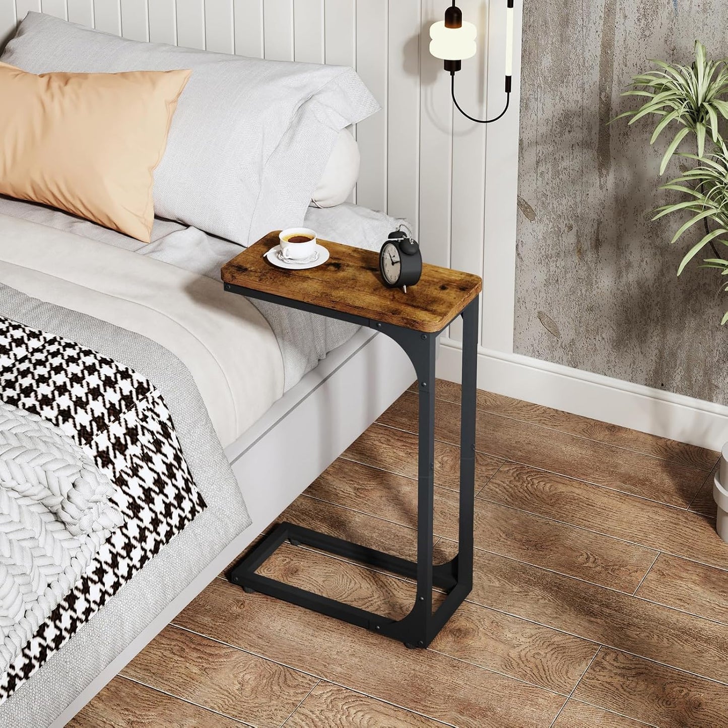 QEEIG Narrow C Shaped Side Table Set - Slim Couch Tray Tables in Rustic Brown | 7-Inch Width, Set of 2