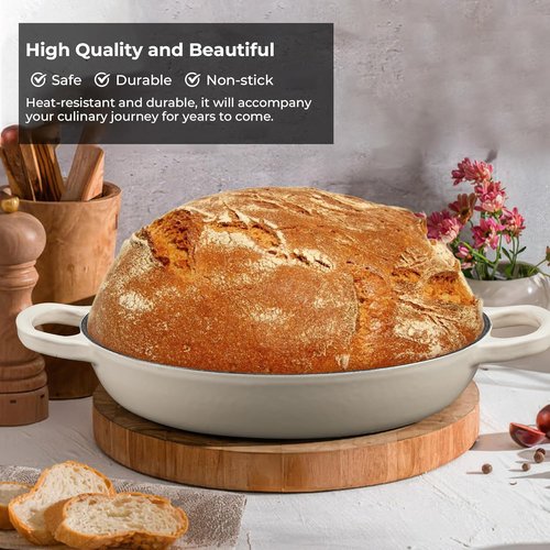 Cast Iron Dutch Oven | 6Qt Sourdough Bread Baking Pan with Lid - Enameled, Oven Safe to 482℉, White