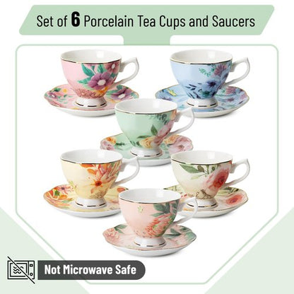 BTaT- Tea Cups and Saucers Set of 6, Tea Set, Floral Tea Cups (8oz), Porcelain Tea Cups for Tea Party, Rose Teacups, China Tea Cups, Tea Cup and Saucer Set, Porcelain Tea Set, (Bone China)